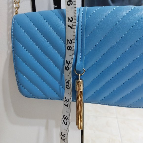 OLIVIA MILLER Easy On Slip On Messenger Style Handbag Beautiful Blue Gold Tassel - Picture 8 of 10